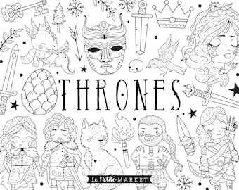 Thrones Clipart, GOT Clip Art Images, Digital Graphics Instant Download, Dragon Queen Digital Stamps for Coloring, Sword, Dragon Egg, Knight