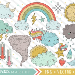 Weather Clipart Images, Cute Weather Clip Art, Sun Clipart, Rainbow, Tornado Clipart, Kawaii Weather Clipart, Digital Stamps, Commercial Use