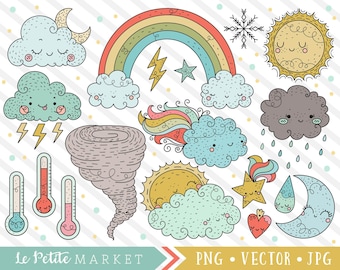 Weather Clipart Images, Cute Weather Clip Art, Sun Clipart, Rainbow, Tornado Clipart, Kawaii Weather Clipart, Digital Stamps, Commercial Use