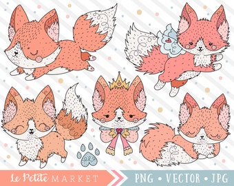 Sweet Fox Illustrations, Cute Fox Clipart, Kawaii Fox Clip Art, Fox Illustration Set, Digital Planner Stickers, Fox Graphics, Vector Clipart