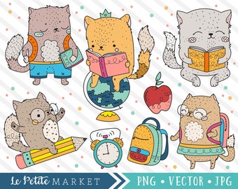 Cute School Cat Clipart Images, Cat School Clipart, Cute Classroom Clip Art, Backpack Clipart, Reading Clipart, Back to School Clipart PNG