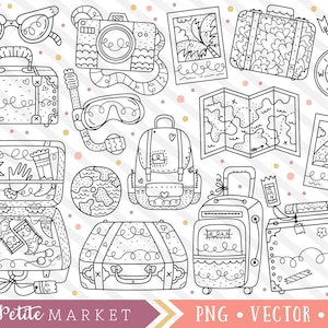 Conjunto de imágenes prediseñadas de Travel Doodles, imágenes de arte clip de viaje, sellos digitales de viaje, imágenes prediseñadas de Roadtrip, digistamps de la cámara de la mochila del maletín, dibujado a mano