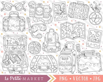 Travel Doodles Clipart Set, Travel Clip Art Images, Travel Digital Stamps, Roadtrip Clipart, Suitcase Backpack Camera Digistamps, Hand Drawn