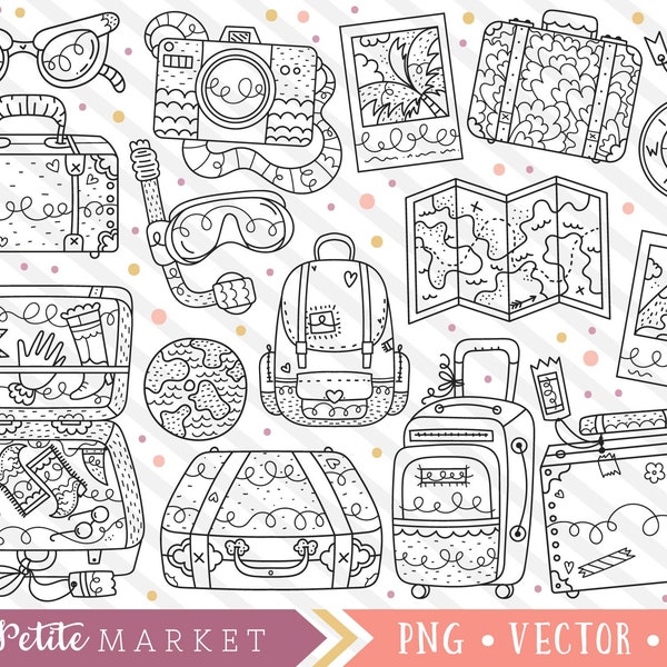 Travel Doodles Clipart Set, Travel Clip Art Images, Travel Digital Stamps, Roadtrip Clipart, Suitcase Backpack Camera Digistamps, Hand Drawn