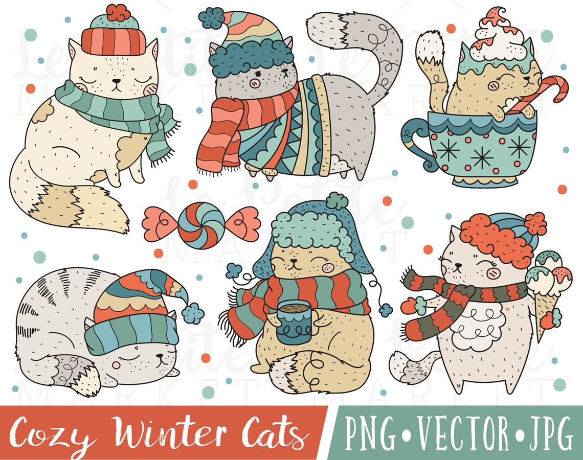 Winter Cat Clipart Images Holiday Cat Clipart Cute Cat Clip - Etsy
