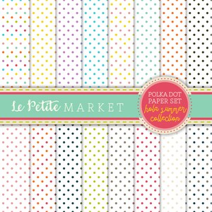 Peut inclure: Un ensemble de 12 motifs de papier numérique avec des pois de différentes couleurs, dont le rose, le jaune, le bleu, le vert, l'orange et le rouge. Les motifs sont disposés en grille et sont intitulés "Polka Dot Paper Set hola summer collection".