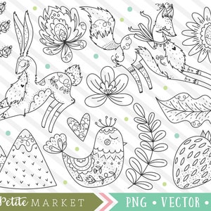 Scandinavian Folk Clipart, Cute Scandinavian Clip Art, Mountain Clipart, Nordic Illustrations, Folk Fox Clipart, Folk Rabbit, Folk Animals