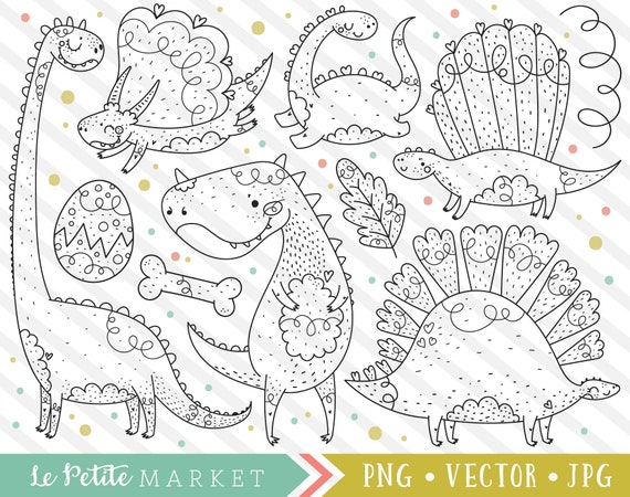 Dinosaur Clipart Set, Kawaii Dinosaur Clip Art Designs, Digital Stamps, Hand Drawn Clipart, Prehistoric Clipart, T-rex, Science, Archaeology