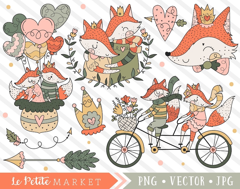 May include: A set of digital illustrations featuring cute foxes in various poses. The illustrations include a pair of foxes riding a bicycle, a fox holding a bouquet of flowers, a fox wearing a crown, and a fox holding a heart. The illustrations are in a cartoon style and are perfect for use in scrapbooking, card making, or other craft projects.