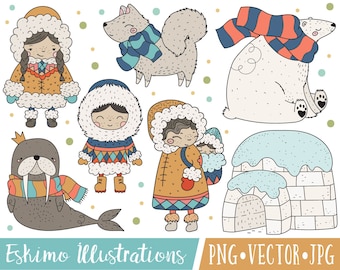 Eskimo Family Clipart Set, Cute Inuit Clipart Images, Eskimo Illustration Set, Cute Arctic Animal Clipart, Commercial Use, Walrus Clipart