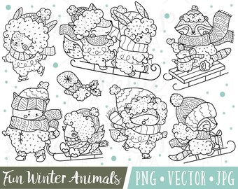 Winter Woodland Animal Clip Art Sledding Sleigh Clipart Images, Christmas Line Clipart Instant Download Mittens Fox, Bundled Up Animals PNG