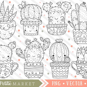 Mignon Cactus Clipart Images, Kawaii Cactus Clip Art, Succulent Clipart Designs, Timbres numériques, Dessins de Cactus Dessinés à la main Utilisation commerciale
