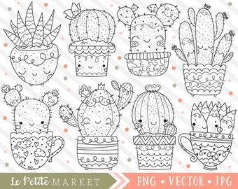 Cute Cactus Clipart Images, Kawaii Cactus Clip Art, Succulent Clipart Designs, Digital Stamps, Hand Drawn Cactus Designs Commercial Use