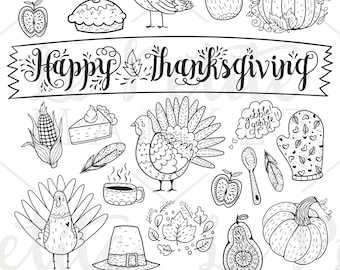 Hand Drawn Thanksgiving Clipart, Turkey, Pumpkin, Harvest Graphics (Digital Download)