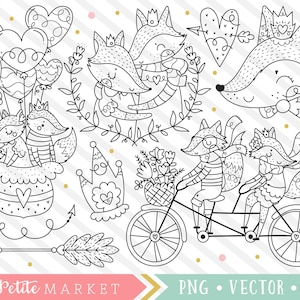 キツネのカップルのクリップアートセット、かわいいキツネのクリップアートイラスト、自転車に乗ったキツネのクリップアートデザイン、記念日のバレンタインクリップアート、結婚式のクリップアート