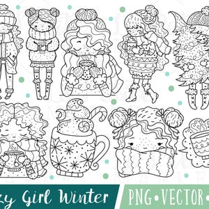 Leuke Cozy Girl Clipart Beelden, Winter Girl Clipart, Winter Girls Illustratie Set voor commercieel gebruik, digitale postzegels, Hand Drawn Holiday PNG