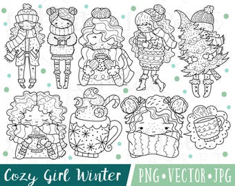 May include: Black and white digital illustrations of cozy winter girls, each depicted with winter attire, holding mugs of hot beverages. The image includes a Christmas tree figure and a large mug of hot chocolate. The text "Cozy Girl Winter" is at the bottom.