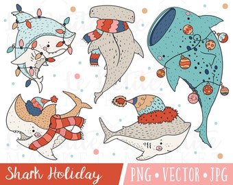 Christmas Shark Clipart Images, Winter Shark Clip Art Graphics, Christmas Animals PNG, Winter Animals Illustrations, Commercial Use Clipart