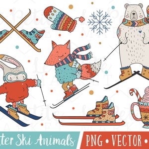Cute Winter Animals Clipart, Cute Ski Clipart, Skiing Animals Clipart, Polar Bear Clipart, Winter Fox Clipart, Outdoor Winter Sports Clipart