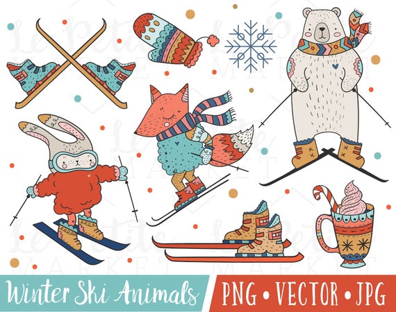 Cute Winter Animals Clipart, Cute Ski Clipart, Skiing Animals