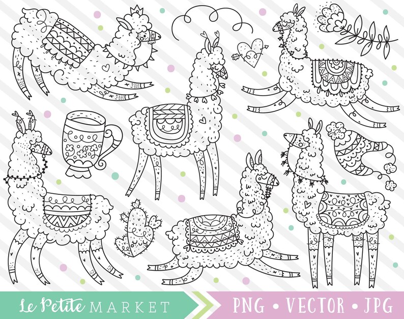 Peut inclure: Illustrations en noir et blanc de lamas avec diff&eacute;rents motifs et designs. Les lamas portent des chapeaux, des &eacute;charpes et d'autres accessoires. Il y a aussi une tasse de caf&eacute; et un cactus sur l'image. Le texte "Le Petite Market" et "PNG - VECTOR - JPG" se trouve en bas de l'image.