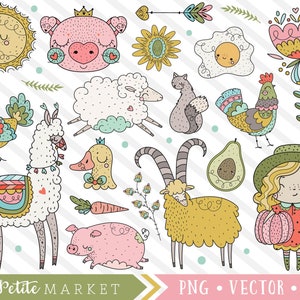 Ferme Clipart Bundle, jolie ferme clip art imprimable png jpg, kawaii agriculture clipart graphics, ferme fille cochon cheval poulet