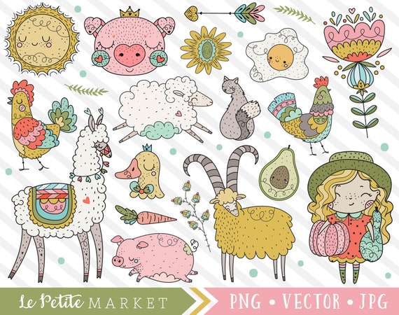 Farm Clipart Bundle, cute farm clip art printable png jpg, kawaii farming clipart graphics, farm girl pig horse chicken