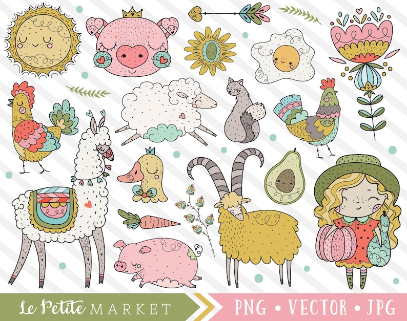 May include: A set of colorful cartoon illustrations featuring a variety of farm animals, including a pig, a sheep, a llama, a rooster, a goat, and a duck. The illustrations also include a sun, a flower, an egg, an avocado, and a girl with a pumpkin.