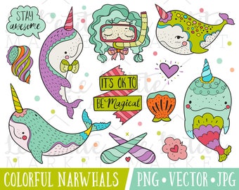 Narwhal Illustration Set, Cute Narwhal Clipart Set, Colorful Narwhal Nautical Marine Animals Clip Art Images, Commercial Use Illustration