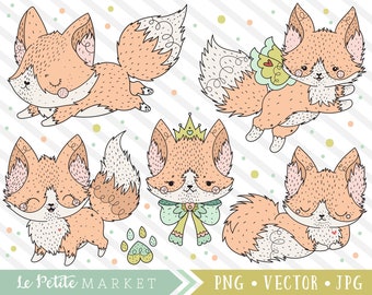 Kawaii Fox Clipart, Cute Fox Clip Art, Digital Stamps, Fox Dog Clipart, Kawaii Clipart, Commercial Use Clipart, PNG, Vector Clipart Graphics