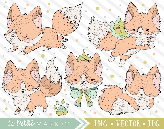 Kawaii Fox Clipart, Cute Fox Clip Art, Digital Stamps, Fox Dog Clipart, Kawaii Clipart, Commercial Use Clipart, PNG, Vector Clipart Graphics