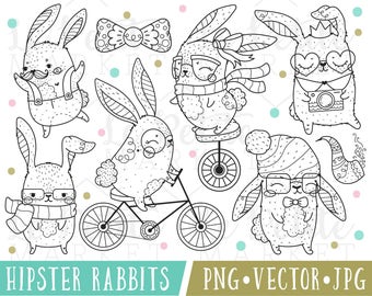 Cute Rabbit Clipart, Hipster Animal Clipart, Kawaii Bunny Clipart, Cute Hipster Clipart, Easter Bunny Clipart, Hipster Bunny Clipart