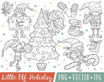 Holiday Elf Clipart Images, Christmas Elf Digital Stamps, Hand Drawn Holiday Clipart, Christmas Stamps, Cute Elf Illustration Set, PNG