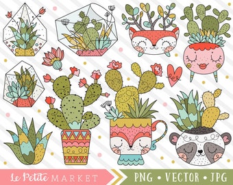 Clipart mignons Cactus, succulentes Kawaii Clip Art Illustrations, Fox Cactus, les plantes en pot mignon des timbres autocollants, Terrarium Clipart, jardinage