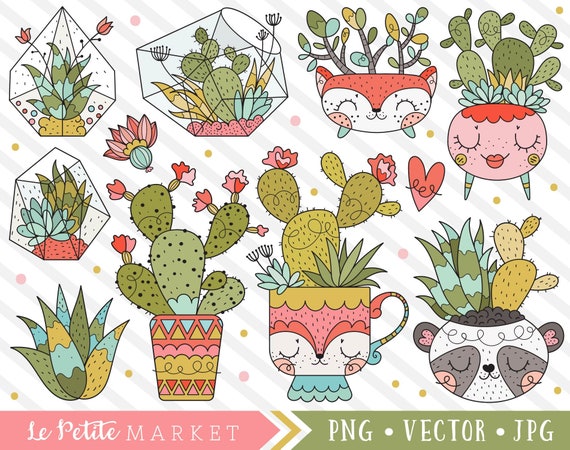 Cute Cactus Clipart, Kawaii Succulent Clip Art Illustrations, Fox Cactus, Cute Potted Plants Stamps Stickers, Terrarium Clipart, Gardening