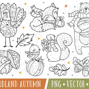 Hand Drawn Thanksgiving Digital Stamps, Cute Woodland Digital Stamps, Thanksgiving Animals Clipart, Woodland Autumn Clipart, Fall Animals