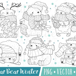 Clipartafbeeldingen leuke kerst-ijsbeer, ijsbeer Clip Art digitale postzegels, ijsbeer digitale stempel, Kawaii vakantie Bears, Winter beren