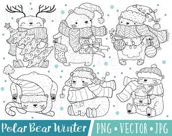 Cute Christmas Polar Bear Clipart Images, Polar Bear Clip Art Digital Stamps, Polar Bear Digital Stamp, Kawaii Holiday Bears, Winter Bears