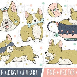 Schattig Girly Corgi Clipart-afbeeldingen, Kawaii hond Clipart, Kawaii Corgis, Corgi illustratie instelt, Premium Vector Clipart, roze en gouden Clipart