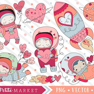 Kosmische Romantik Clipart-Set, süße Astronauten ClipArt, Raum Liebe Rakete Herzen Planeten Grafiken, Kawaii Astronaut ClipArt Designe