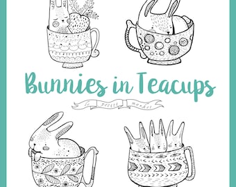 Cute Hand Drawn Bunny Rabbit Clipart, Digital Bunny Clipart, Rabbit Illustration, Line Art Bunny Rabbits Teacup Clipart, Cute Bunny Download