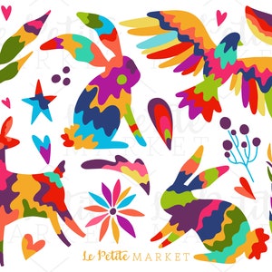 Puede incluir: Ilustraciones coloridas de estilo arte popular de un ciervo, dos conejos, un p&aacute;jaro, una flor y hojas. Las ilustraciones est&aacute;n en una paleta vibrante de rosa, naranja, amarillo, verde, azul y morado.