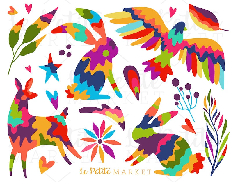 Puede incluir: Ilustraciones coloridas de estilo arte popular de un ciervo, dos conejos, un p&aacute;jaro, una flor y hojas. Las ilustraciones est&aacute;n en una paleta vibrante de rosa, naranja, amarillo, verde, azul y morado.
