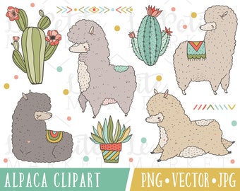 Cute Llama Clipart Set, Cute Alpaca Clip Art Images, Clipart for Scrapbooking, PNG Clipart, Vector Llamas, Alpacas with Cactus Clip Art