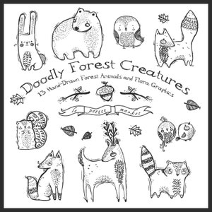 Lindo dibujado Digital bosque criaturas imágenes prediseñadas Doodly animales del bosque, gráfico dibujado a mano, mapache, zorro, oso, instantánea descargar, para imprimir