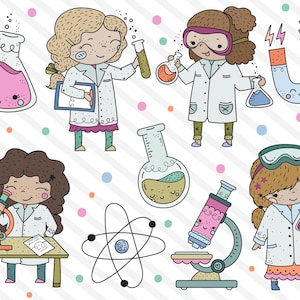 May include: Illustration of four girls dressed as scientists with lab coats, goggles, and lab equipment. The girls are surrounded by science-themed objects like beakers, a microscope, a magnet, and an atom.