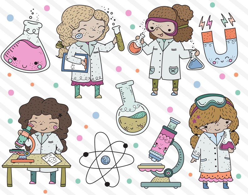 May include: Illustration of four girls dressed as scientists with lab coats, goggles, and lab equipment. The girls are surrounded by science-themed objects like beakers, a microscope, a magnet, and an atom.