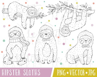 Cute Hipster Sloth Clipart, Vector Sloth Digital Stamps, Sloth Illustration Set for Coloring, Printable Sloth Drawings, Hand Drawn Clipart