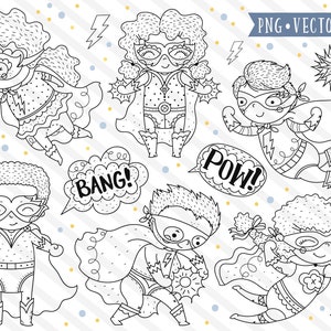 Imagens de clipart de crianças de super-heróis, selos digitais de super-heróis, clipart de uso comercial, clipart de super-heróis, clipart de quadrinhos, fantasia de superpoderes