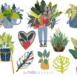 May include: A collection of potted plants in various styles and colors, including a heart-shaped pot with a pink and green design, a hanging planter with a geometric frame, and a large potted plant with a blue and white pot. The text "Le Petite MARKET" is at the bottom of the image.